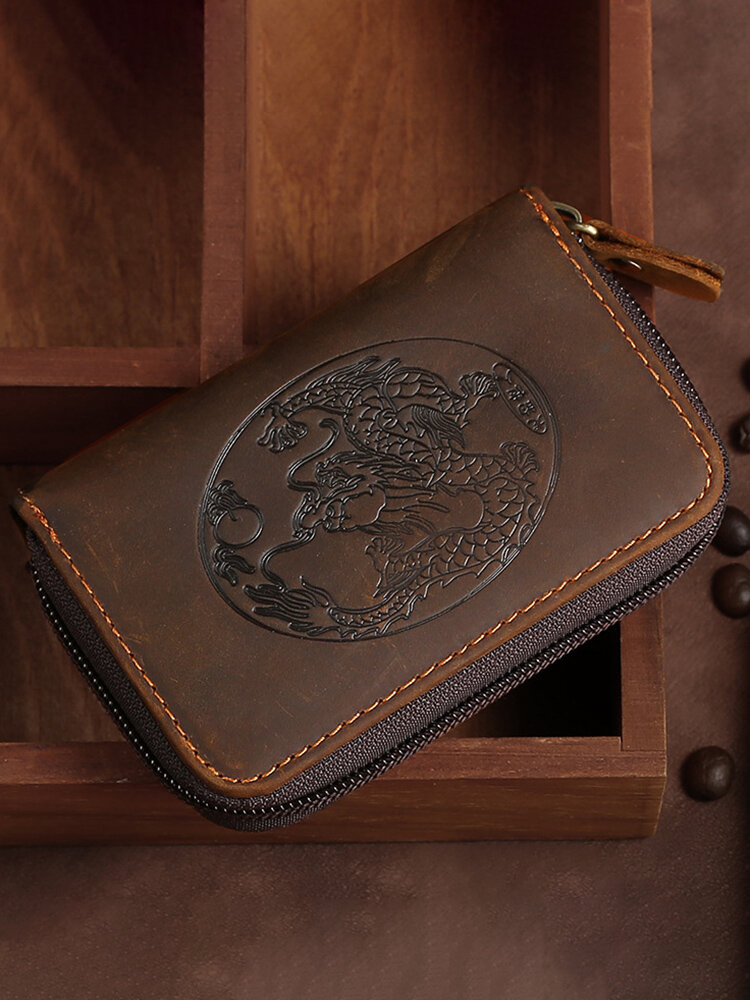 Men Genuine Leather Vintage Dragon Embrossed Organ Card Holder Large Capacity Retro Wallet