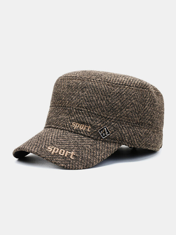 Men Woolen Cloth Felt Herringbone Pinstripe Letter Embroidery Metal Label Thickened Built-in Ear Protection Warmth Flat Cap
