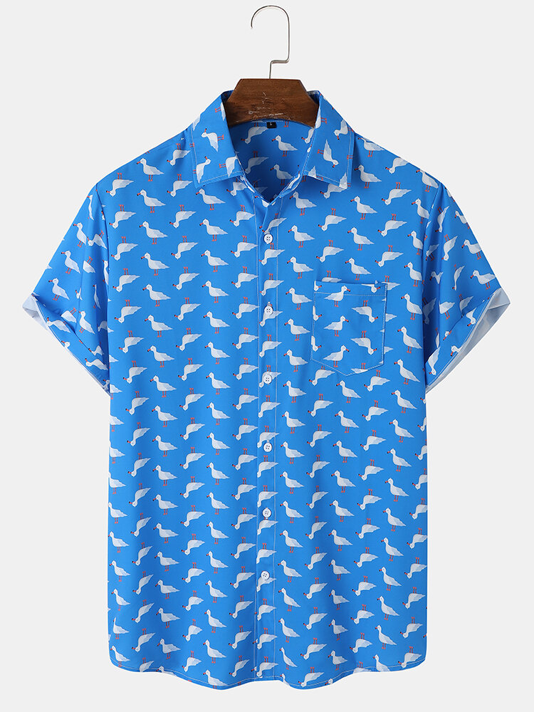 Mens All Over Seagull Print Button Up Holiday Short Sleeve Shirts