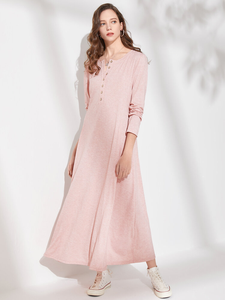 Solid Long Sleeve Button Crew Neck Casual Dress