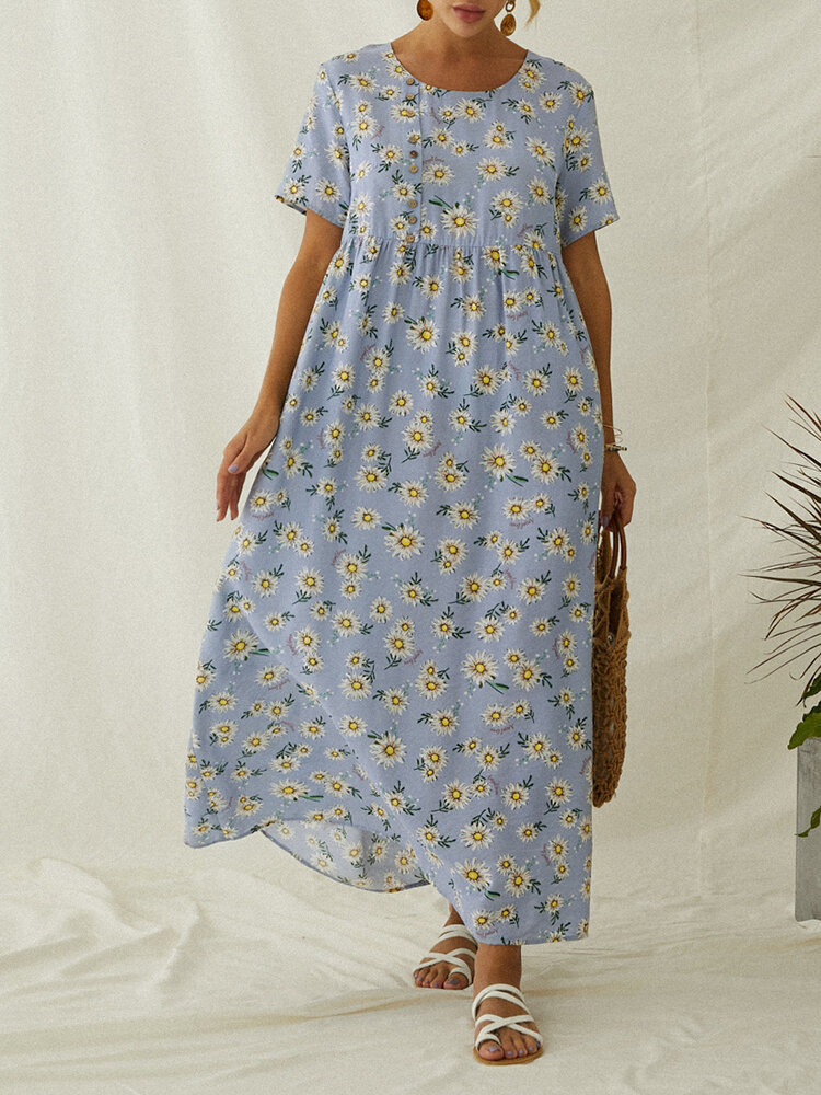 Floral Printed Short Sleeve Button Midi Dress