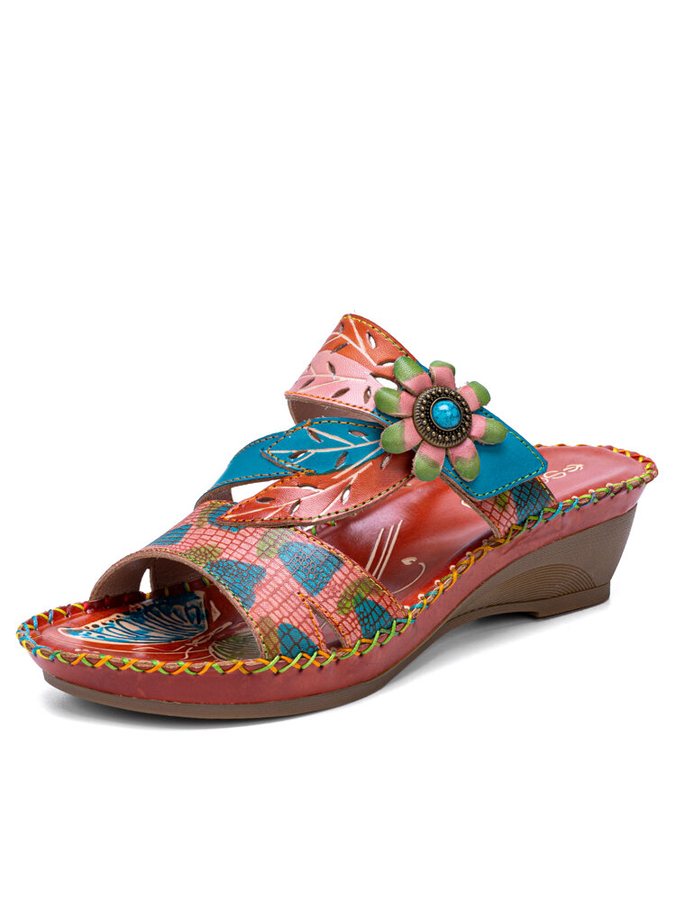 Socofy Genuine Leather Handmade Stitching Comfy Bohemian Flowers & Leaves Decor Slip-On Wedges Sandals
