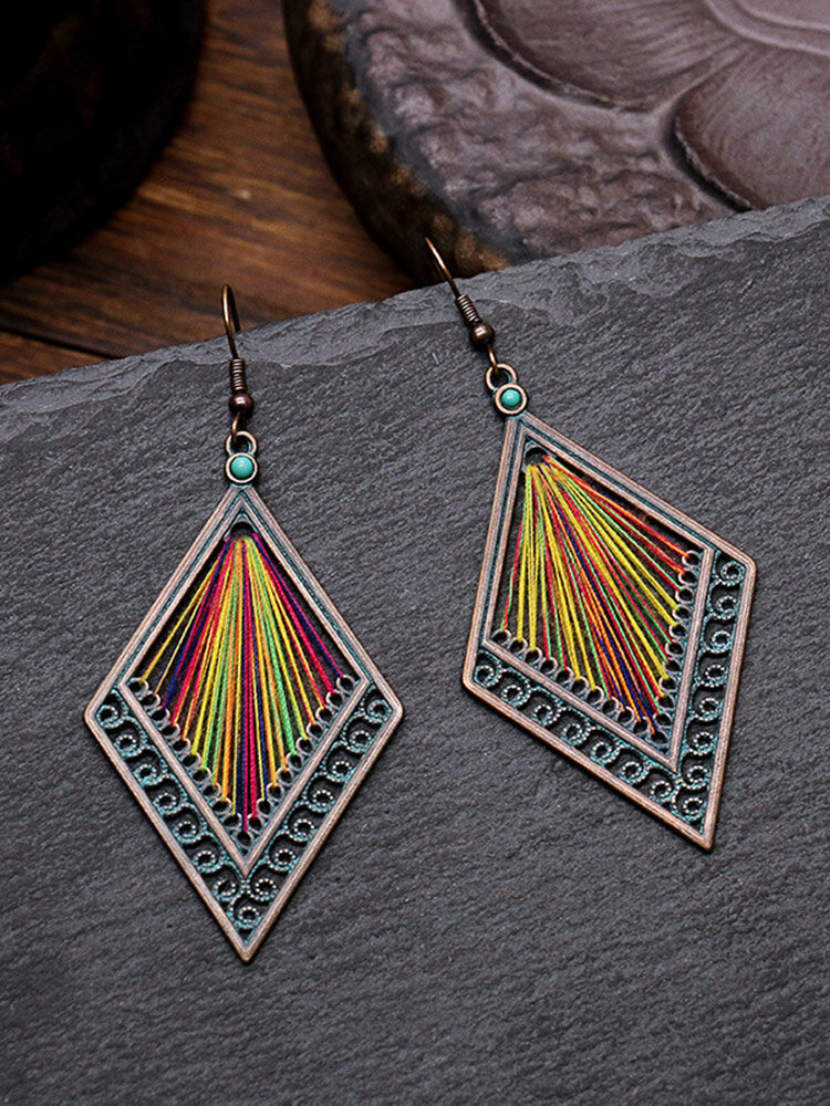 

Bohemia Colored Silk Thread Geometric Women Earrings Hollow Rhombus Pendant Earrings