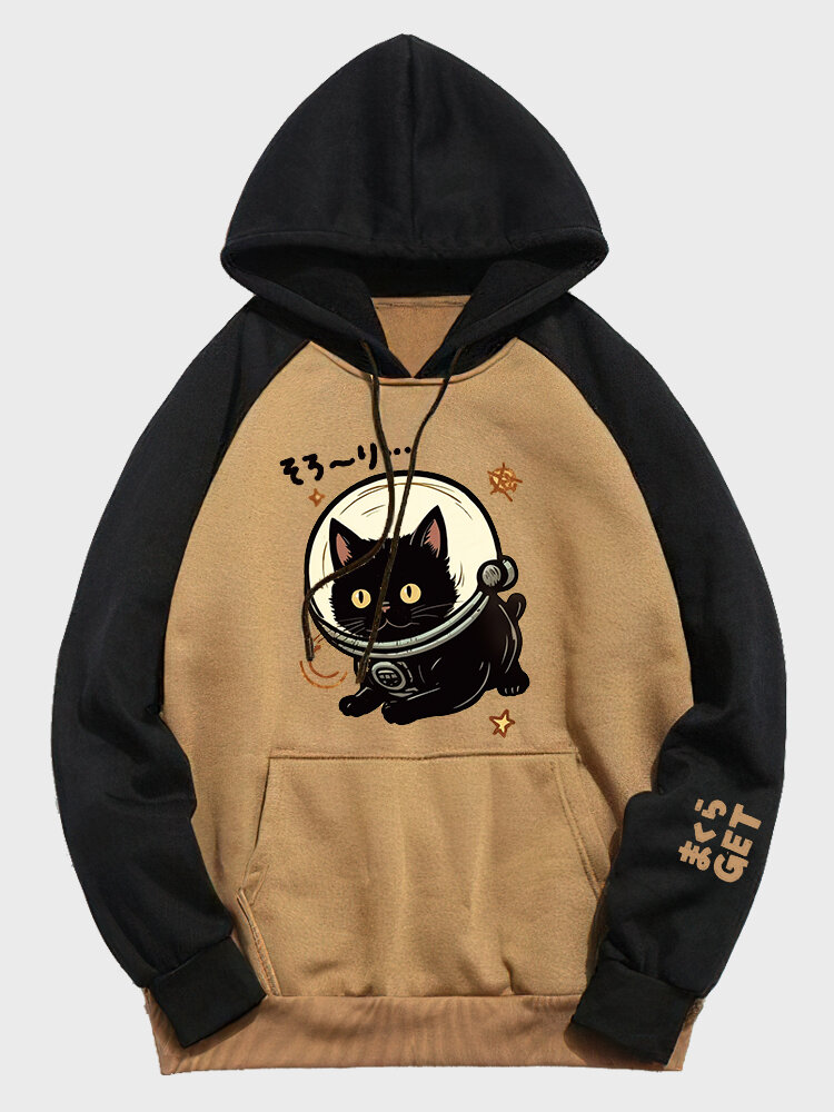 Herren-Kapuzenpullover mit japanischem Cartoon-Motiv, Katze, mit kontrastierendem Patchwork-Kordelzug