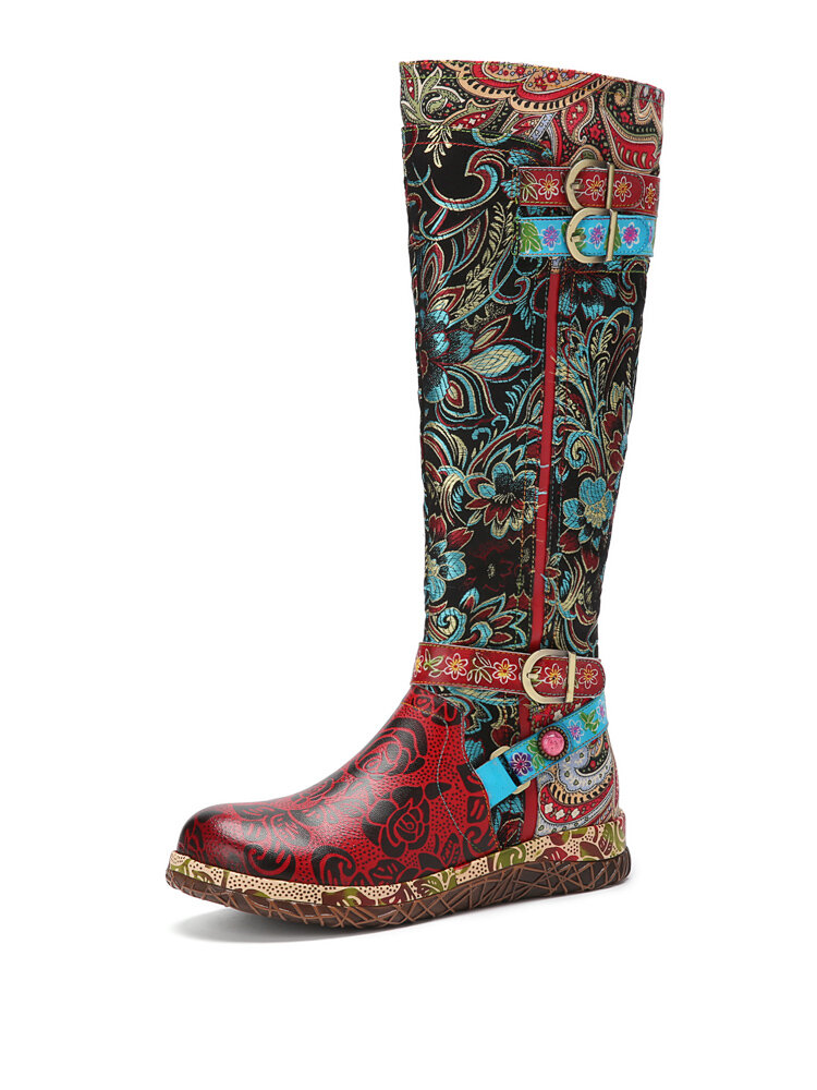 SOCOFY Graceful Flowers Splicing Print Embossed Comfy Round Toe Leather Casual Flat Mid-calf Boots