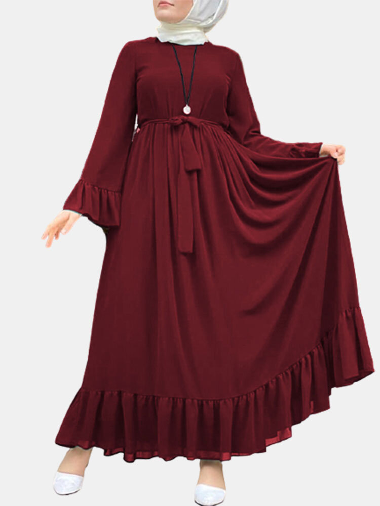 Casual Solid Color Ruffled Loose Plus Size Dress with Belt