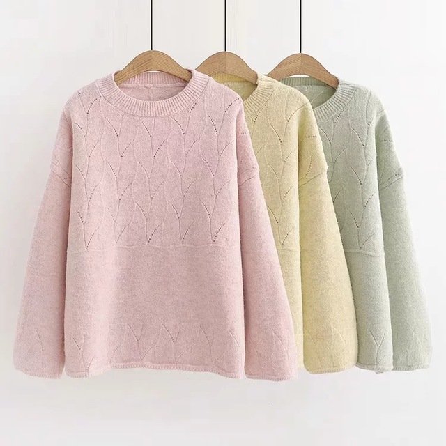 = College Wind Candy Color Hurricane Hollow Stitching Round Neck Pullover Sweater Bottoming Sweater Female Tide