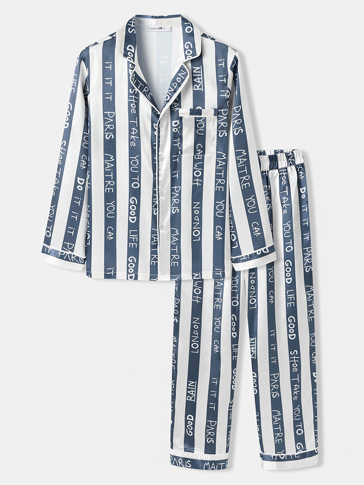 Men Striped Letter Print Long Home Pajama Sets With Chest Pocket