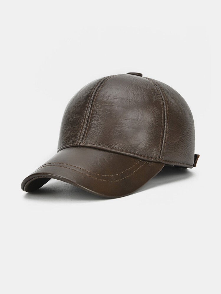 Men Vintage Cowhide Solid Baseball Cap Earmuffs Outdoor Windproof Warm Hats Adjustable Sport Cap