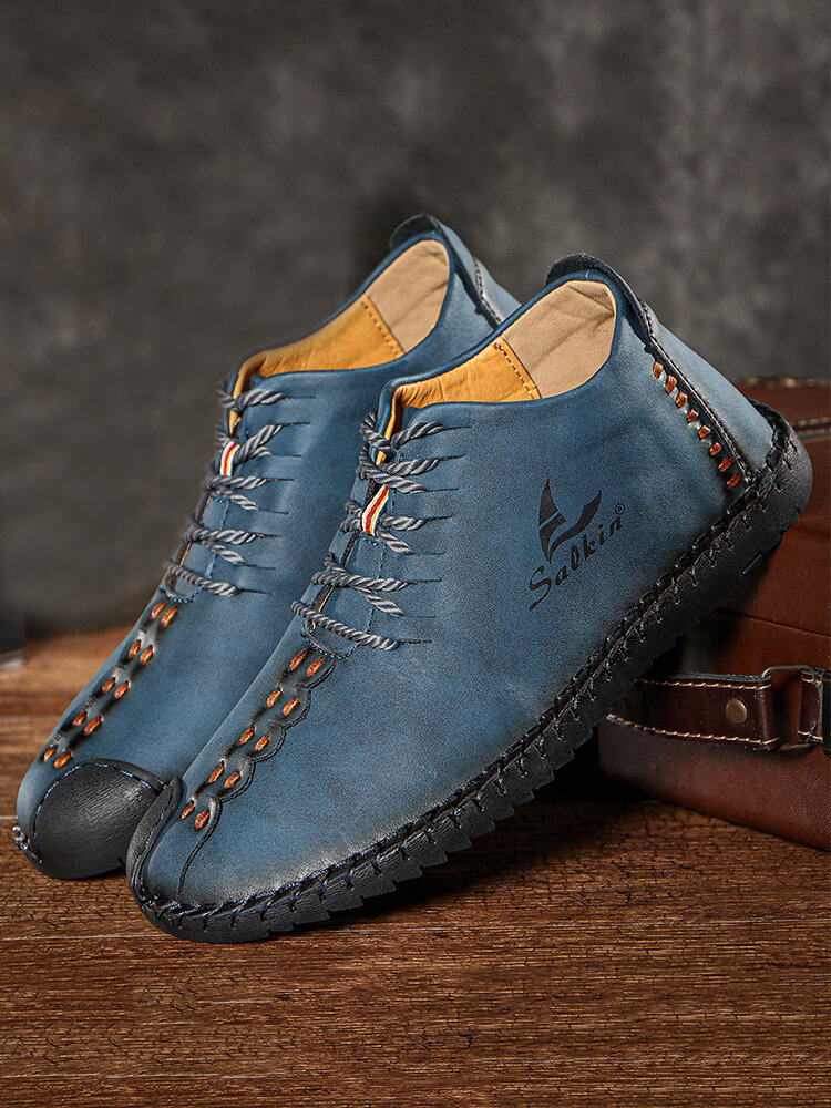 Men Rubber Cap Toe Hand Stitching Lace Up Microfiber Leather Ankle Boots