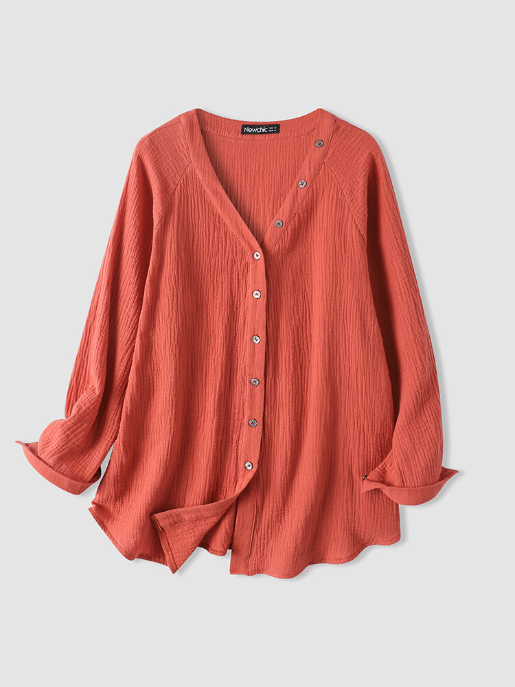 Solid Button Long Sleeve V-neck Blouse For Women