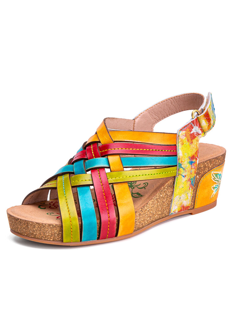 SOCOFY Leather Colored Ribbons Hook Loop Comfy Wedge Sandals