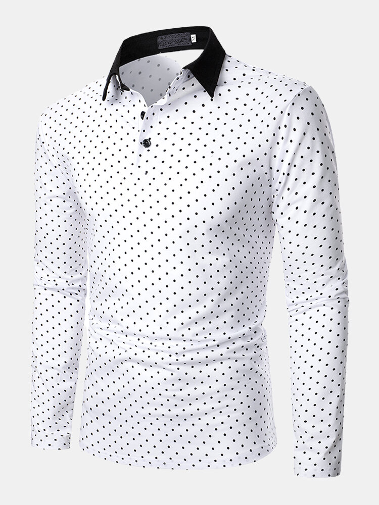 

Mens Allover Spot Print Contrast Collar Casual Long Sleeve Golf Shirts, White