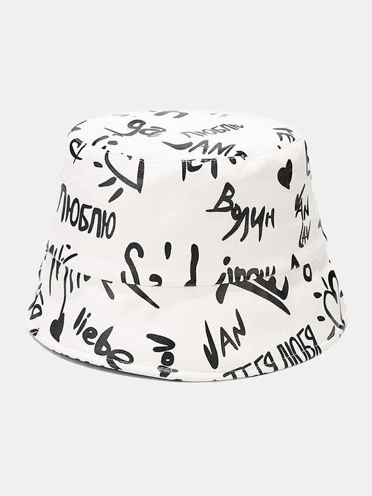 Unisex PU Overlay Letters Graffiti Print Fashion Outdoor Windproof Bucket Hat