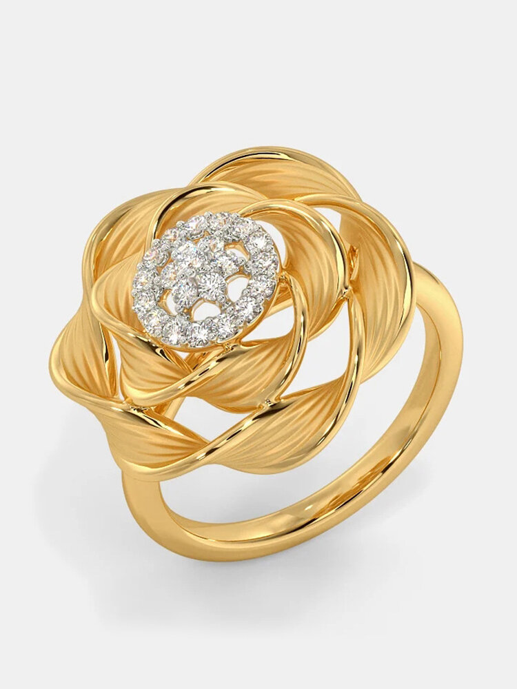 Vintage Temperament Metal Rose Diamond Ring Geometric Hollow Stereoscopic Flower Ring