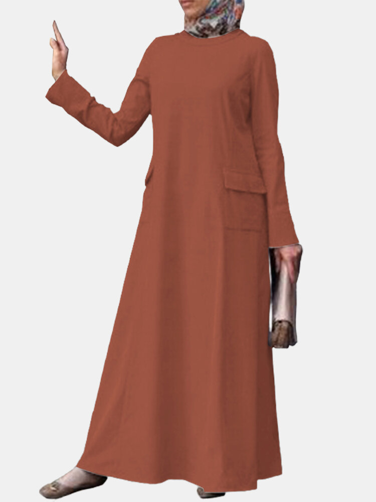 Solid Color Pockets Long Sleeve Casual Muslim Maxi Dress