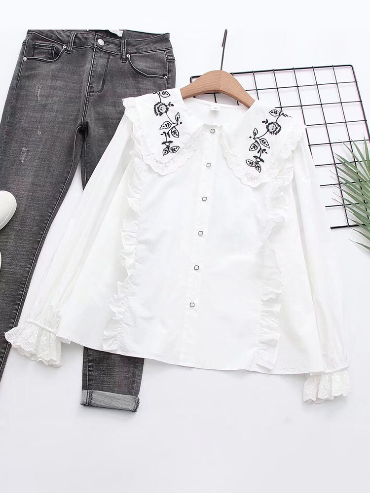 Floral Embroidery Ruffle Guipure Lace Button Down Shirt