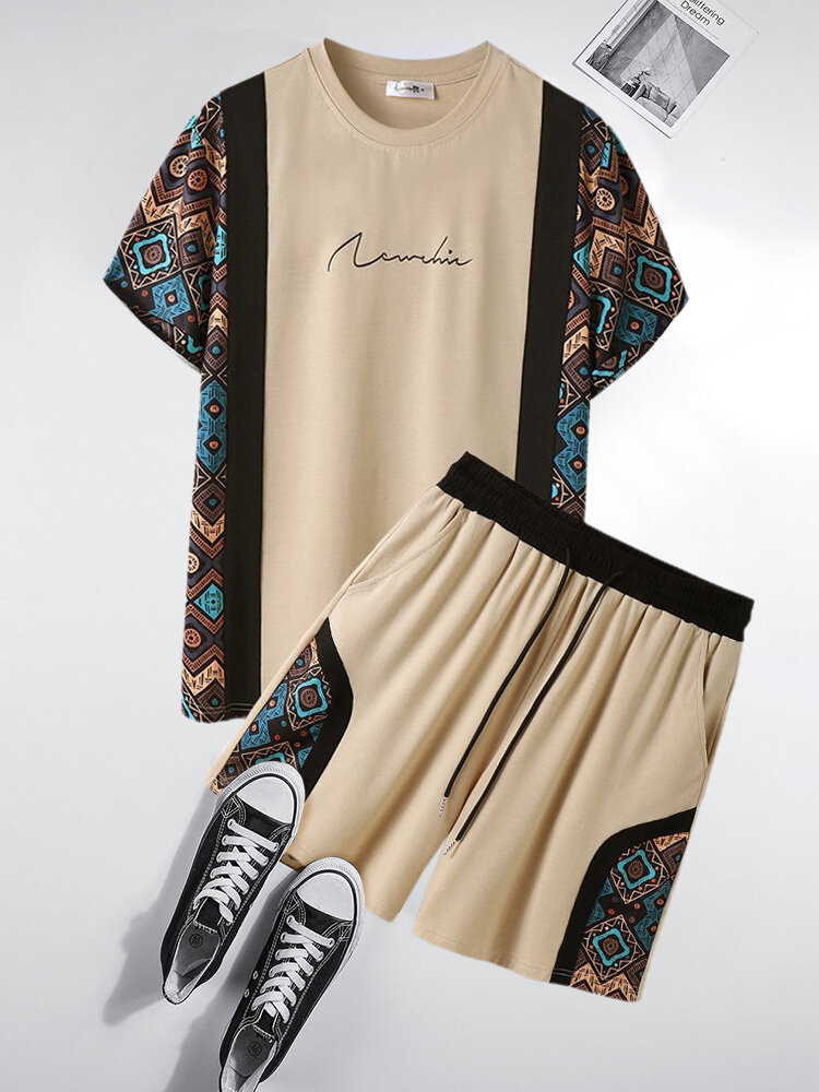 Мужская лоскутная одежда в стиле пэчворк с этническим геометрическим принтом Шея, комплект из двух предметов