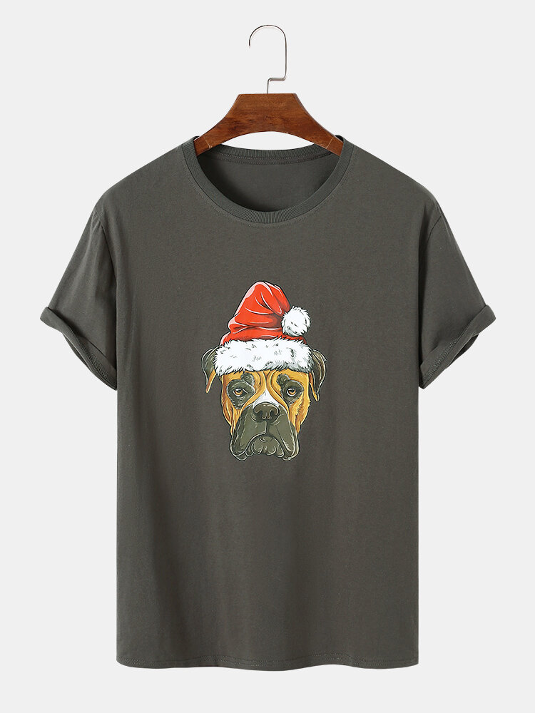 Mens 100% Cotton Christmas Hat Animal Graphic Crew Neck Short Sleeve T-Shirts