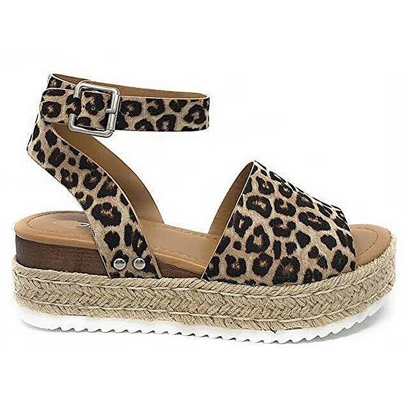 Big Size Women Summer Leopard Peep Toe Ankle Buckle Platform Sandals