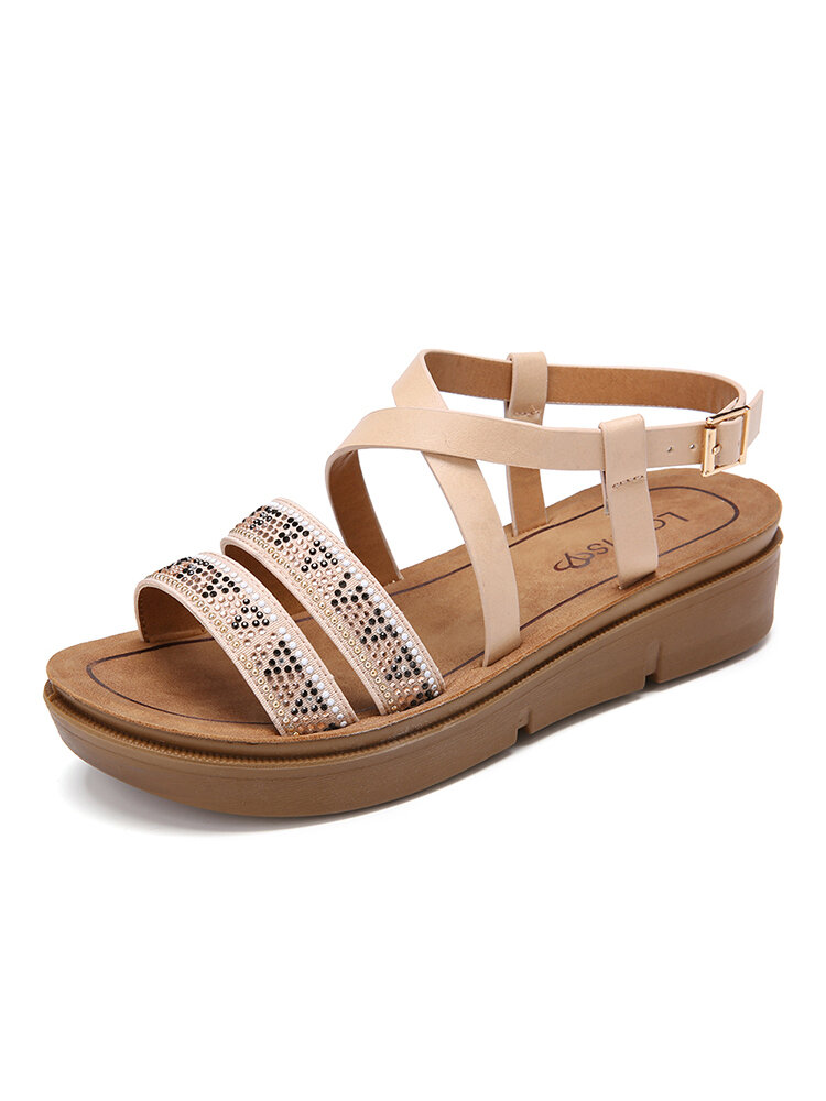 LOSTISY Women Casual Vacation Dual Strap Sequined Buckle Platform Sandals