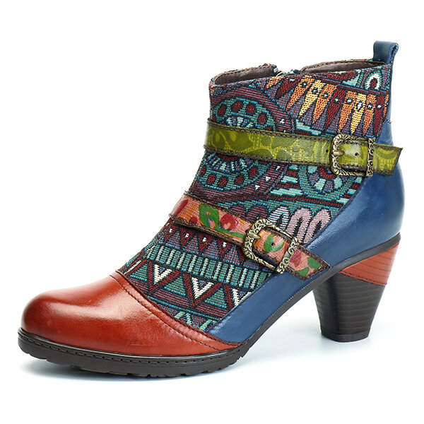 SOCOFY Bohemian Splicing Pattern Block Buckle Ankle Leather Boots