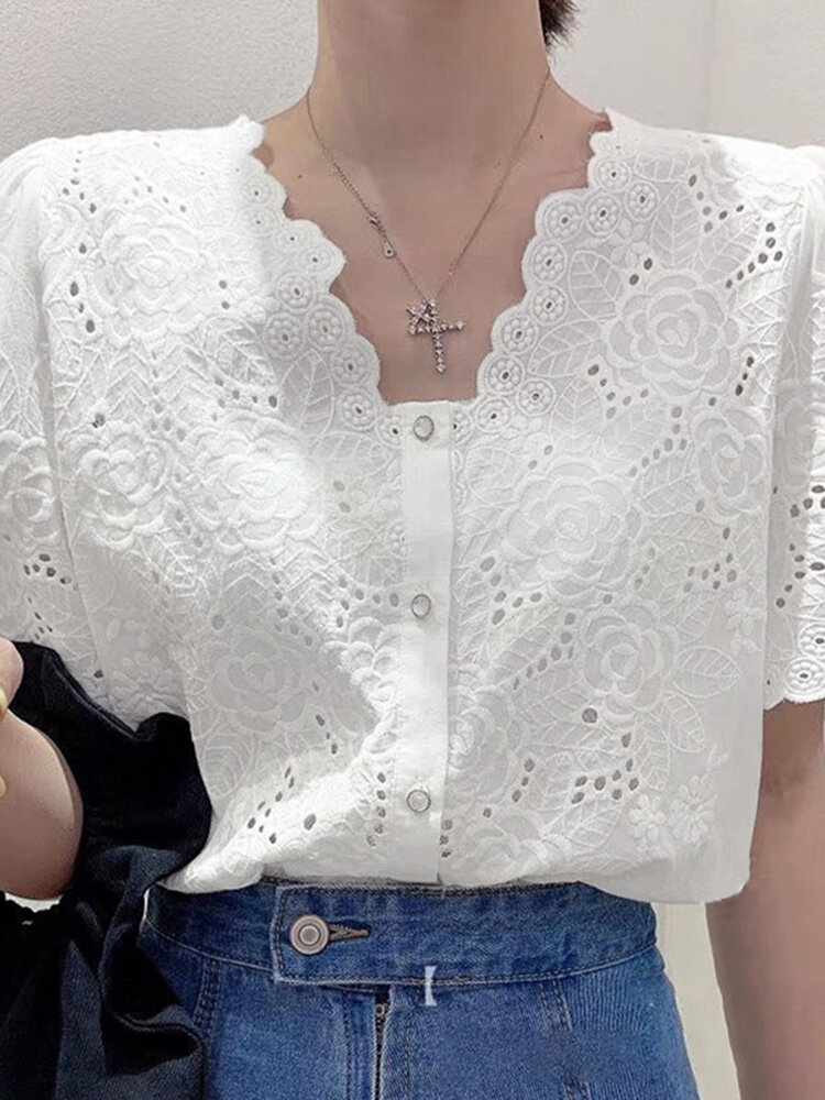 Lace Insert Floral Embroidery Button Short Sleeve Blouse