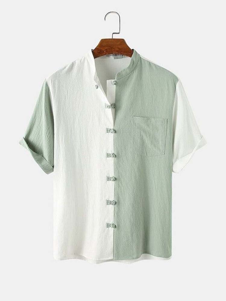 

Mens Two Tone Patchwork Frog Button Cotton Short Sleeve Shirts, Green