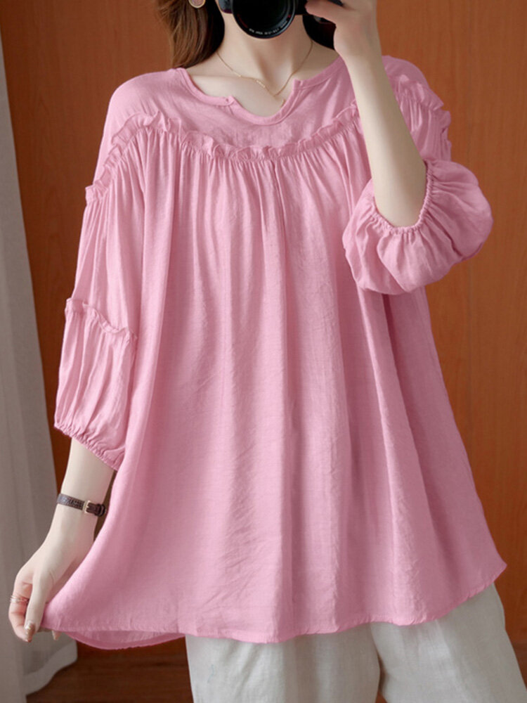 

Solid Color Puff Sleeve Ruffles Blouse, White;pink;black