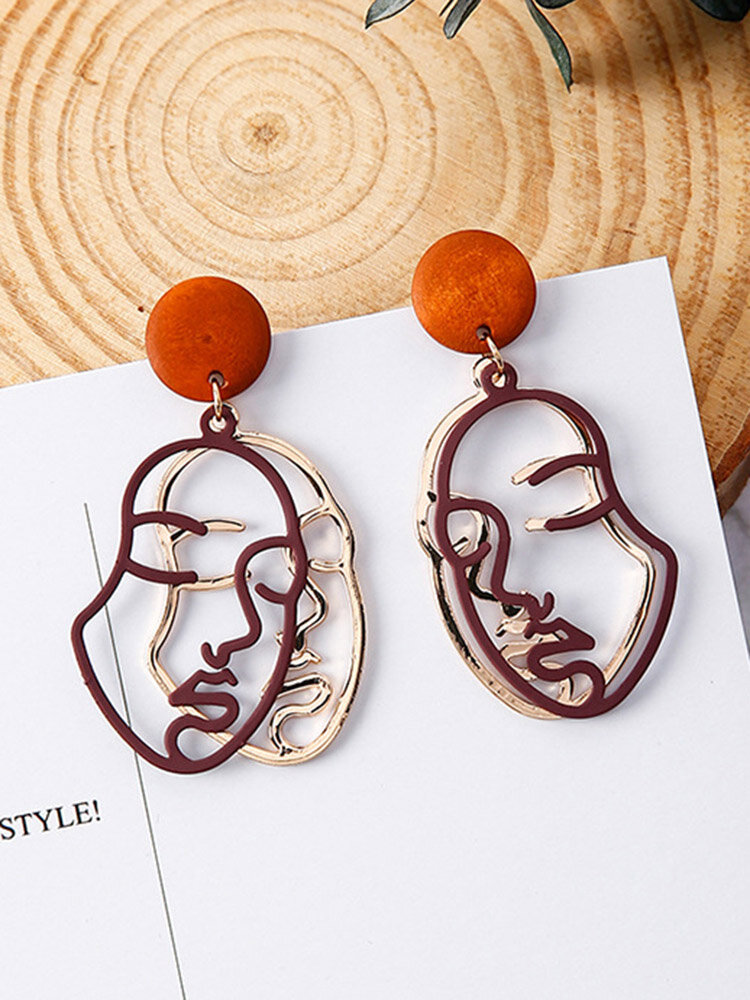 Fashion Exaggerated Abstract Human Face Earrings Gold Color Wood Dangle Earings for Women