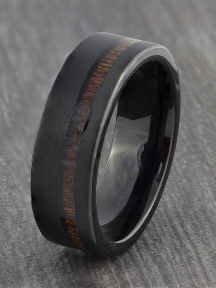 Vintage Stainless Steel Wood Grain Men Ring Party Anniversary Gift