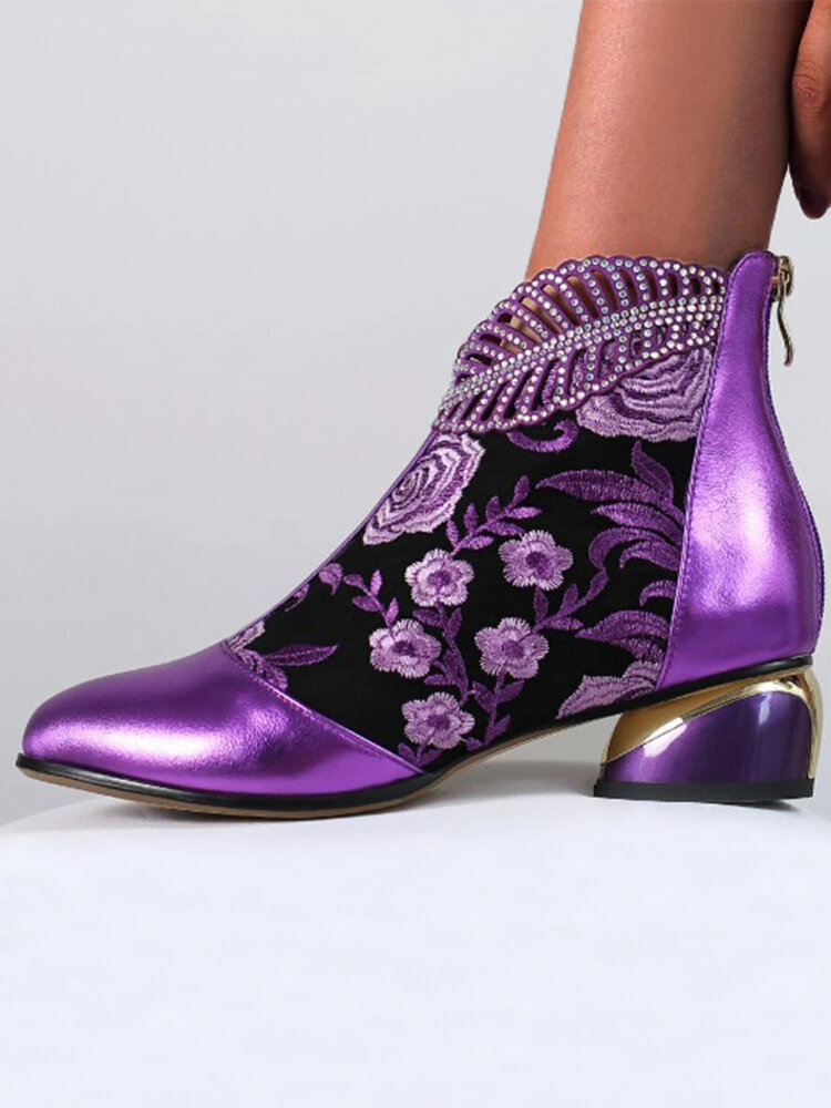 Women Comfy Soft Leather Embroidered Flowers Rhinestone Chunky Heel Summer Boots