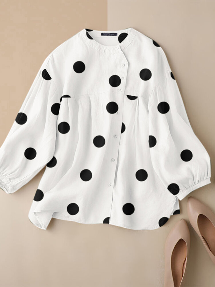 Dot Print Button Front Lantern Sleeve Stand Collar Blouse