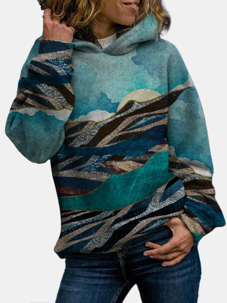 Landscape Printed Long Sleeve Casual Hoodie For Women