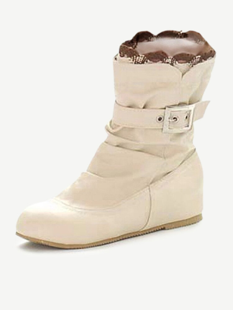 Big Size Lace Heel Buckle Increasing Slip On Short Calf Flat Boots