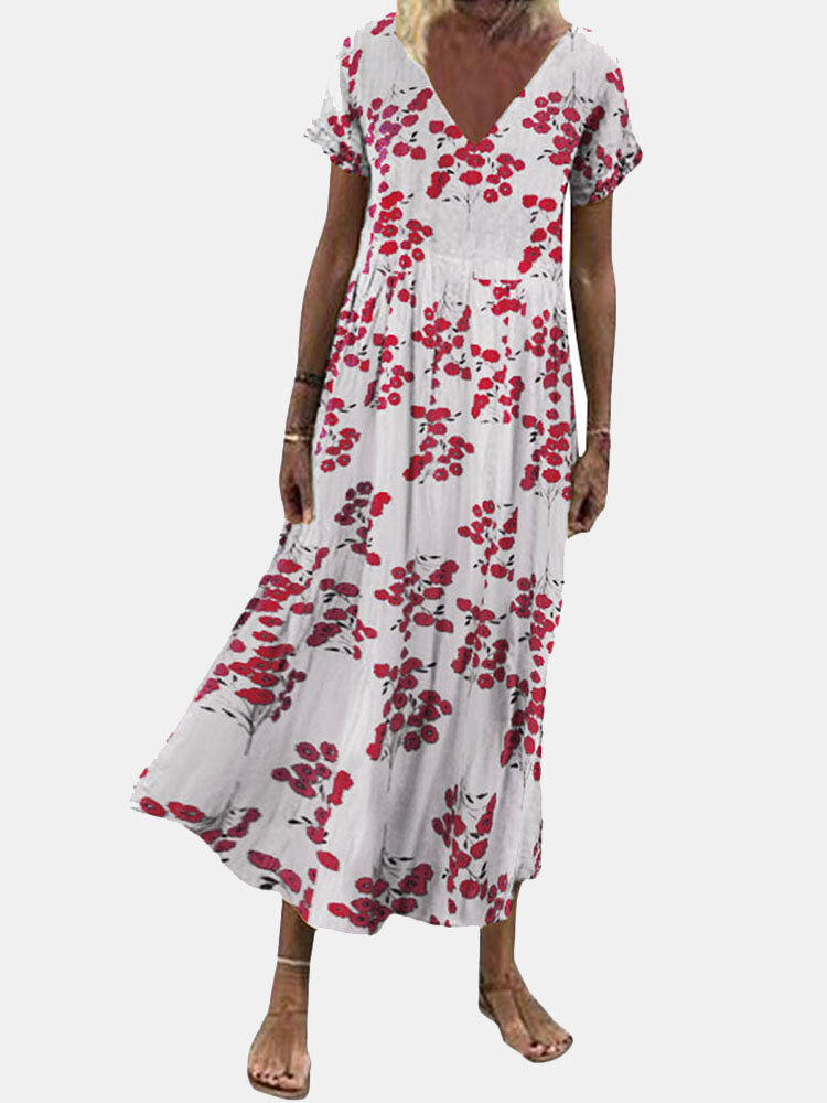 Vestido feminino manga curta com estampa floral e decote em V
