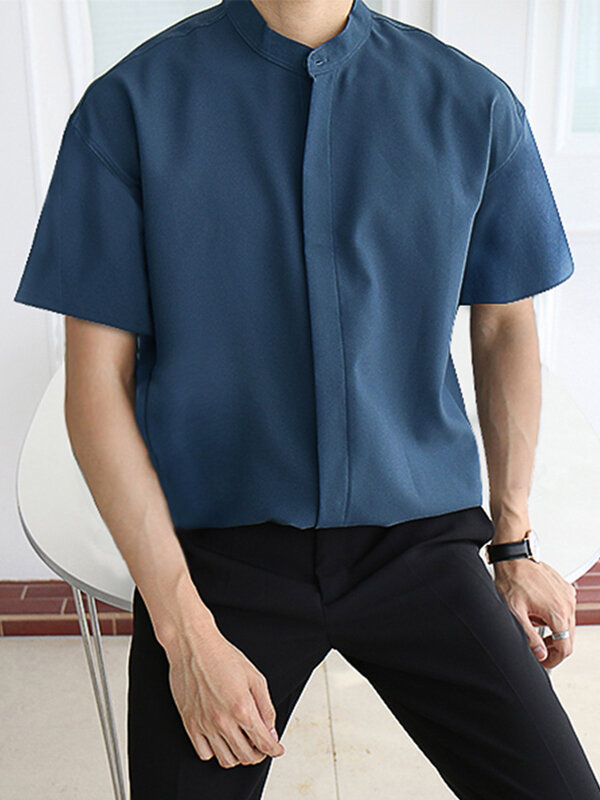 

Men' Stand-up Collar Ice Silk Long-sleeved Shirts, Navy;blue