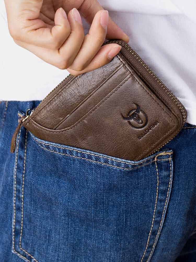 BULLCAPTAIN Genuine Leather Zipper Short Wallets Vintage 7 Card Holder Coin Purse