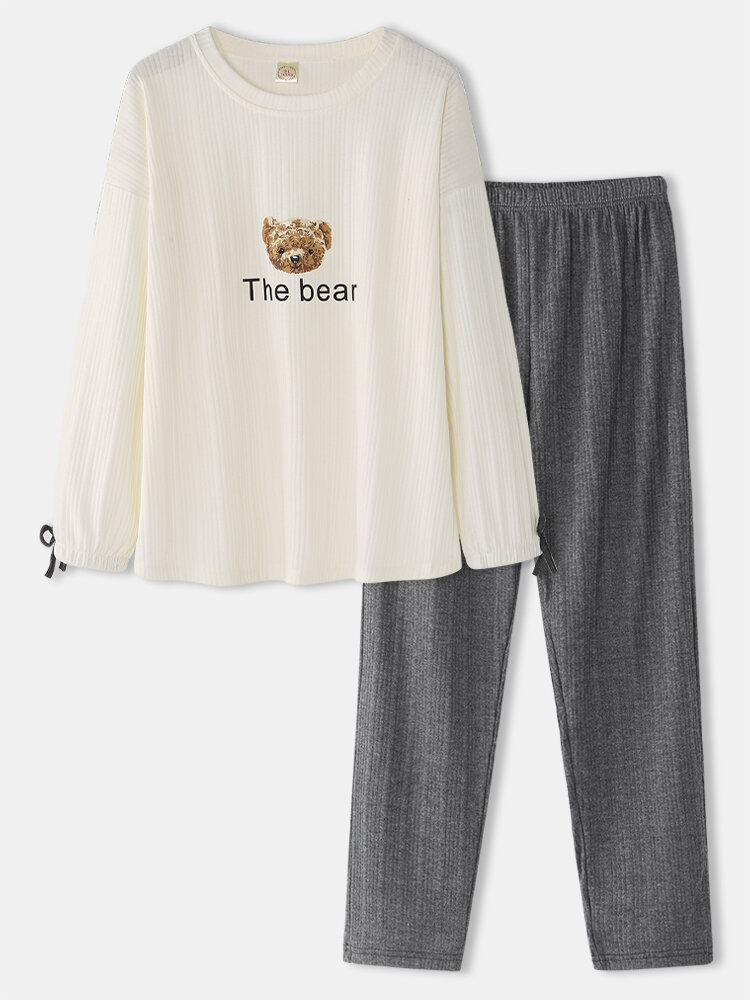 Plus Size Women Rib Cartoon Bear Print Drop Shoulder Cotton Long Pajamas Sets