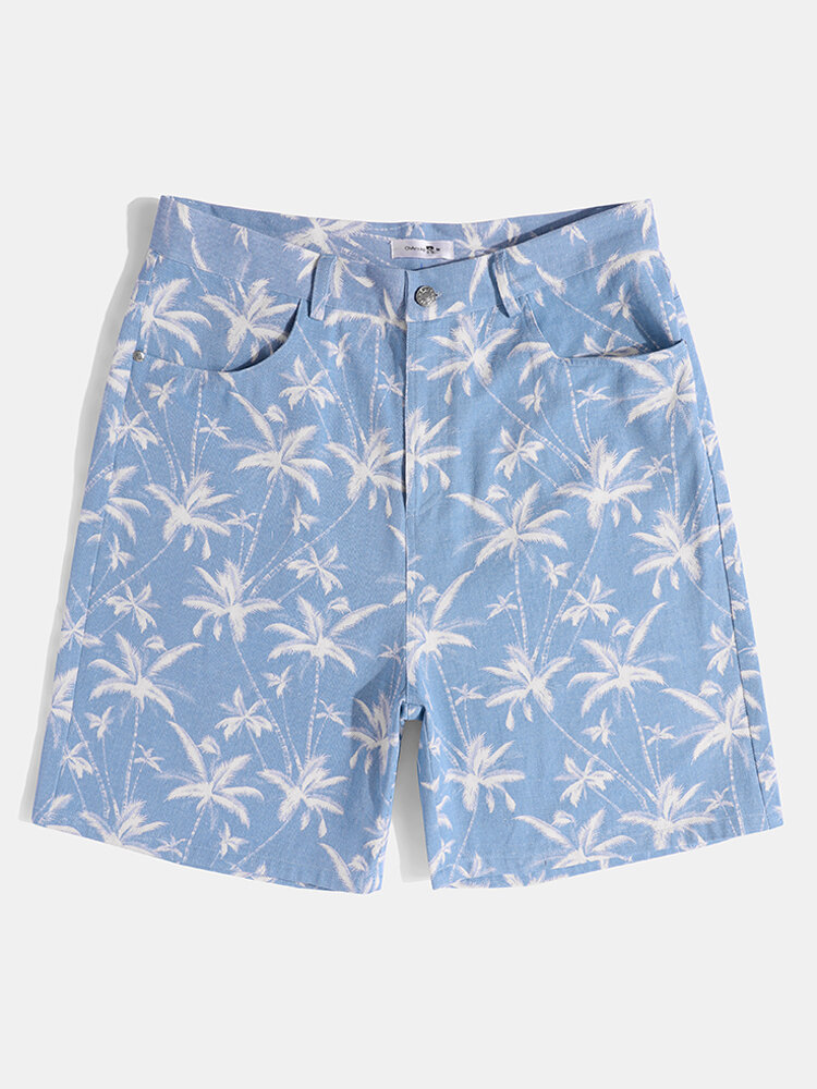 Mens Coconut Tree Print Vacation Cotton Loose Denim Shorts