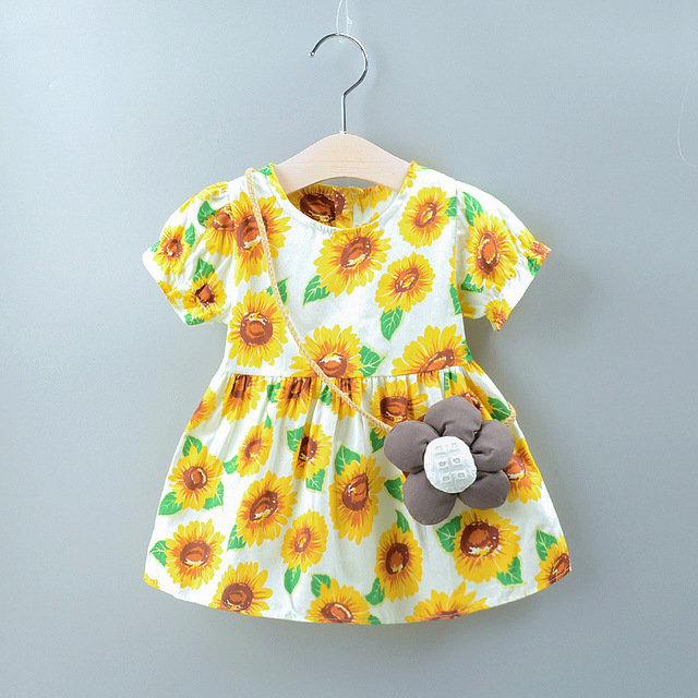Children's Clothing Season New Girls Print Dress Short-sleeved Sun Flower Big Tree Garden Wind Belt Bag Skirt
