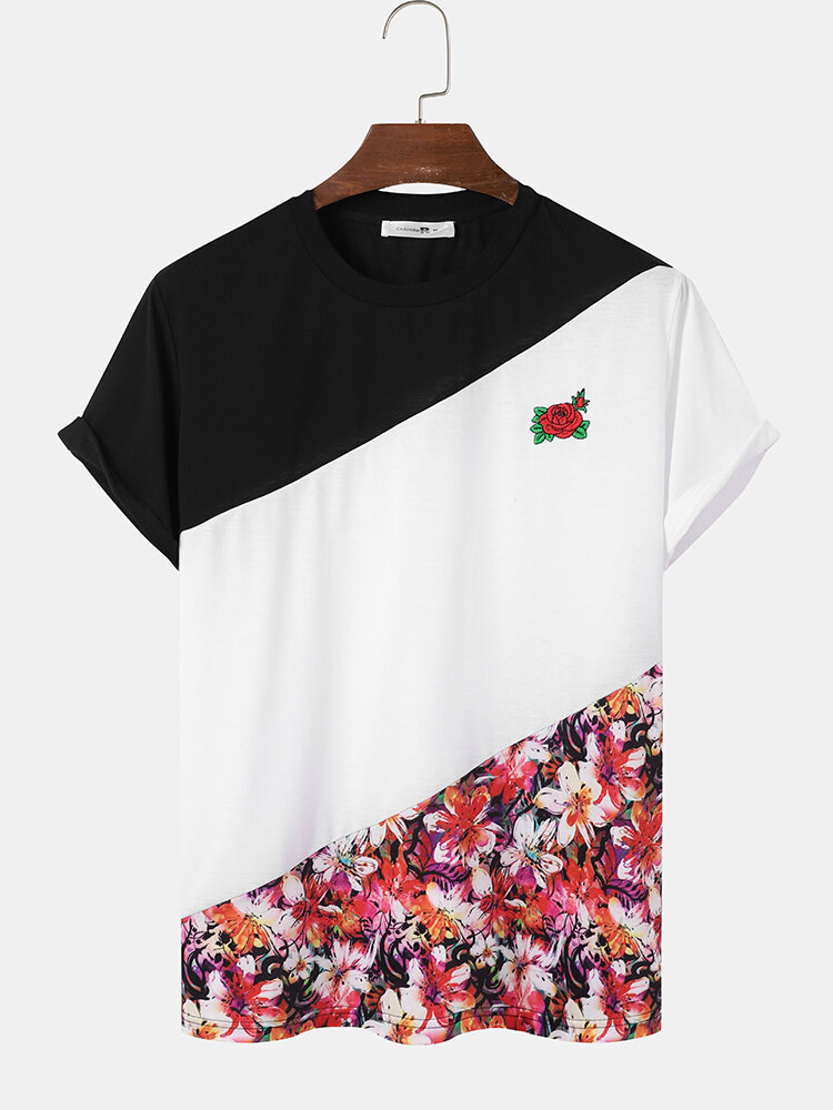 Mens Rose Floral Embroidered Patchwork Loose Short Sleeve T-Shirts