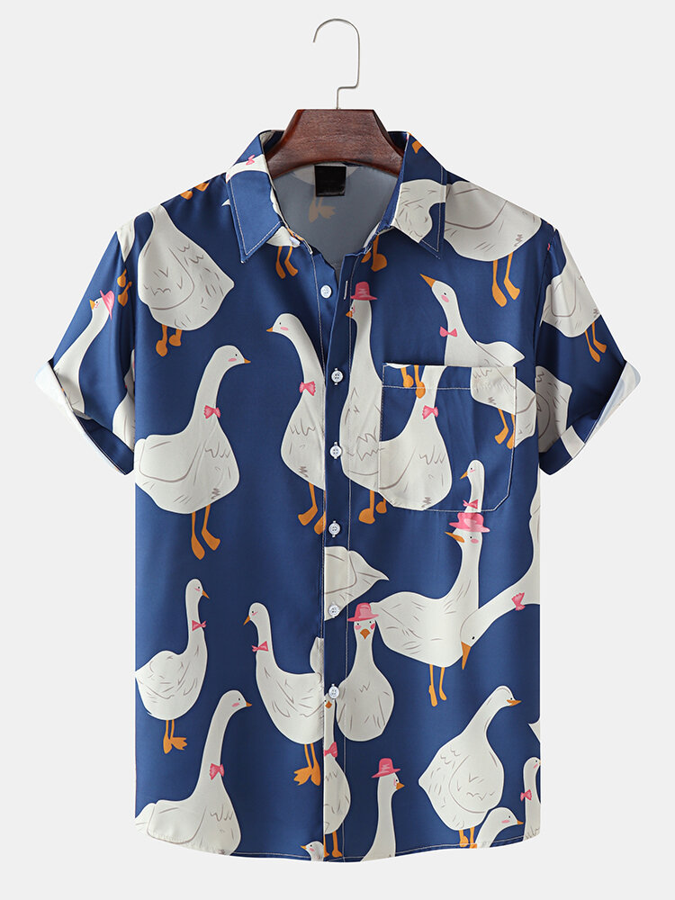 Mens Cartoon Goose Print Button Up Short Sleeve Shirts With Pocket