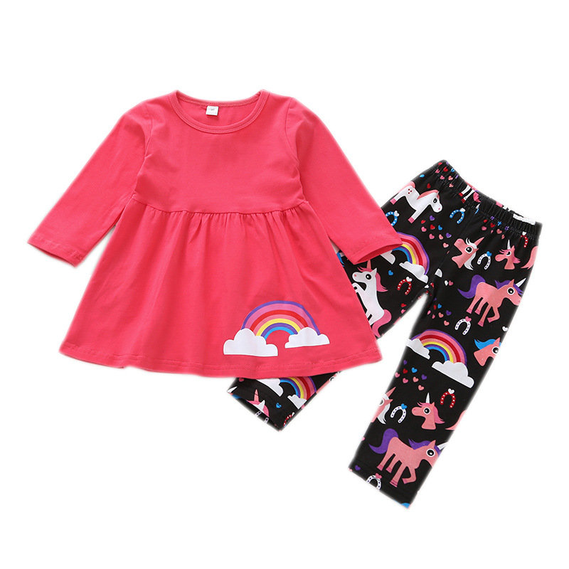 Girl Suit Long-sleeved Rainbow Shirt Unicorn Trouser For 2-9Y