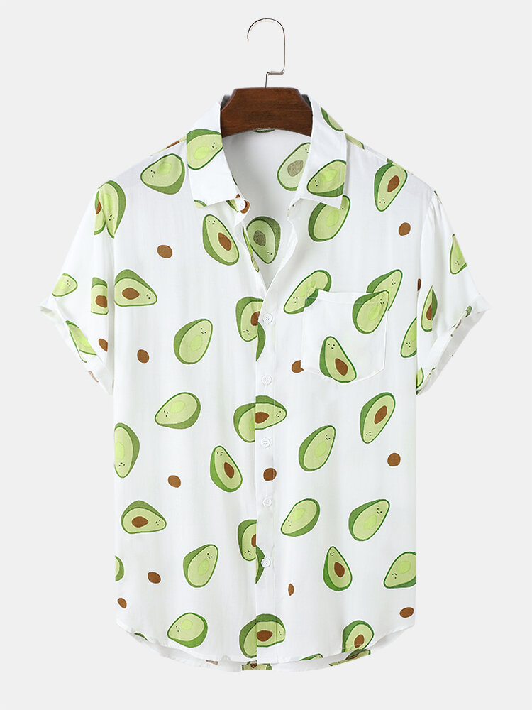Mens Cartoon Avocado Print Button Up Short Sleeve Shirts