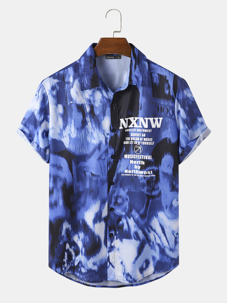 Mens All Over Letter Abstract Print Street Short Sleeve Shirts