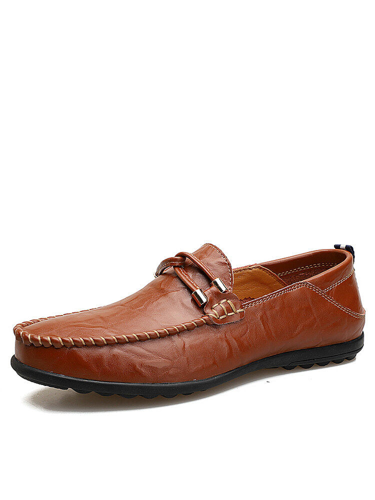 Men Leather Stitching Pure Color Non-Slip Comfy Soft Driving Loafers
