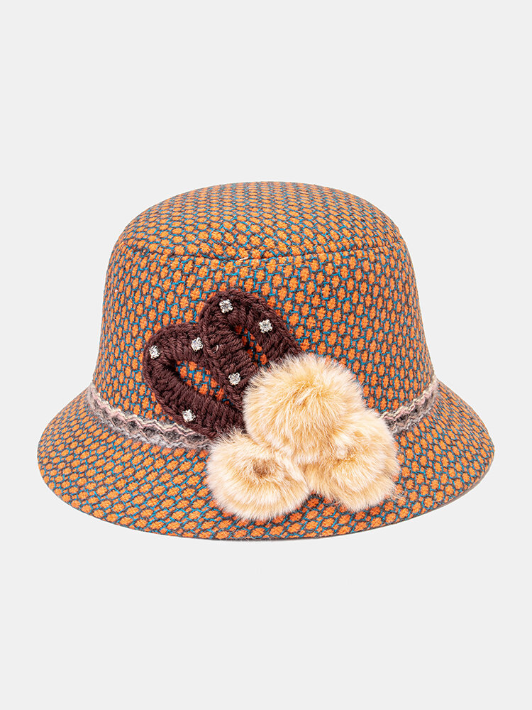 Women Woolen Fashion Elegant Floral Pattern Keep Warm Thermal Hat Bucket Hat