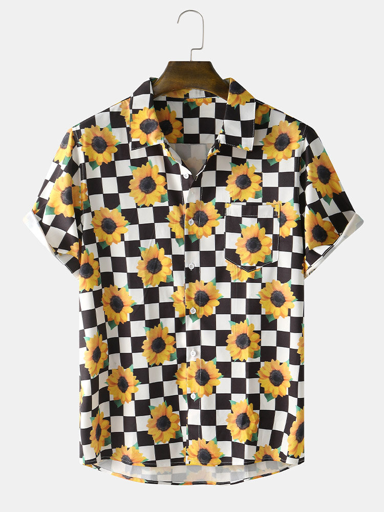 Mens Sunflower Checkered Print Lapel Short Sleeve Shirt