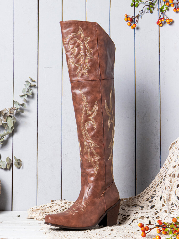 Women Large Size Tribal Pattern Retro Warm Knee High Riding Boots